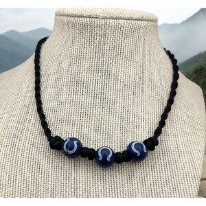 Handcrafted Indianapolis Colts Horseshoe Beaded Necklace Black Braided Cord